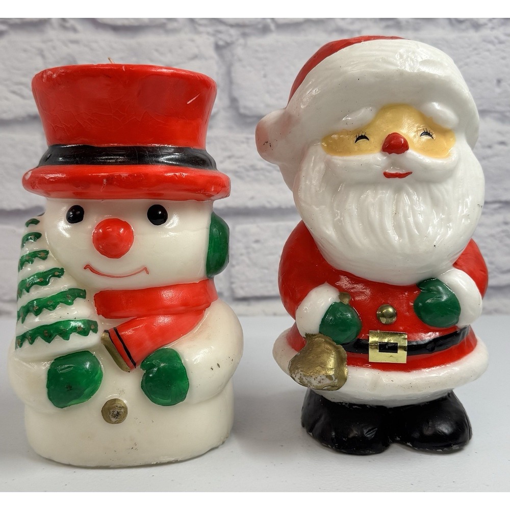 Vintage 1970's Christmas Candles Snowman & Santa w/Bell Holiday Winter 7"